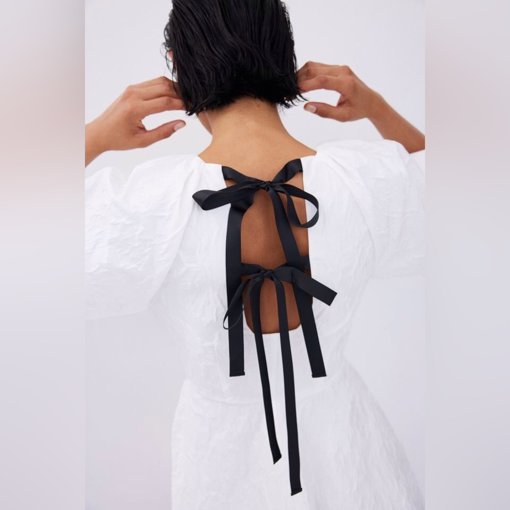 NWT H&M Jacquard-weave Tie-back Dress w/ Balloon Sleeves White/Black S, M, L